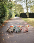 Three mushie Mini Toddler Bikes with flower baskets on a sunlit, tree-lined path.