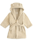 Wrap your toddler in cozy comfort after bath time with the mushie Bear Robe in Fog—a soft hooded robe with adorable bear ears, long sleeves, and a fabric belt at the waist.