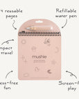 The mushie Reusable Water Color Pad in pink fairies includes a refillable water pen and features 4 reusable pages. It’s compact for travel, sustainable, mess-free, and supports screen-free play.