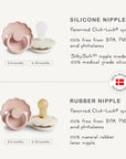 FRIGG Silicone Pacifier 4-Pack, Danish-made, with silicone nipples for infants.