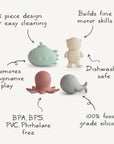 The mushie Sealife Mold Free Bath Play Set includes four silicone toys—a submarine, bear, octopus, and whale—with a 2-piece, mold-free design. BPA/BPS/PVC/phthalate free and dishwasher safe, they inspire play and develop motor skills.