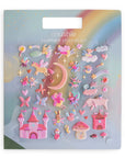 Packaging of mushie reusable sticker set with fairy-themed stickers on a rainbow background