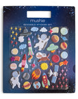A reusable sticker set packaging with various space-themed stickers visible through a clear plastic window, including rockets, planets, and astronauts.
