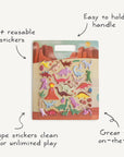 Packaging of dinosaur stickers with features highlighted on a white background