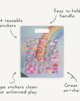 Pack of stickers with colorful designs on a white background, featuring text describing features.
