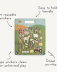 Packaging of stickers with illustrations of animals and nature, featuring text on features.