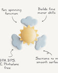 The mushie Suction Spinner Toy is a yellow sun-shaped silicone spinner with blue clouds. BPA, BPS, PVC, and phthalate free, it suctions to most smooth surfaces and helps build fine motor skills for fun sensory play.