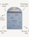 The mushie Reusable Water Color Pad features 4 reusable pages with simple vehicle illustrations and a refillable water pen attached. This spiral-bound, mess-free art supply offers screen-free, sustainable fun for kids.