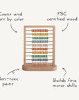 The Mushie Wooden Abacus features colorful beads for counting and sorting, is made from FSC certified wood with non-toxic paint, and helps toddlers build fine motor skills.