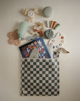 A checkered pouch holds kids’ toys, a book, bottle, stackers, silicone teethers, and a spoon—ideal for diaper bag storage with mushie Water Resistant Wet Bag in soft pastel shades.