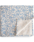 The mushie Organic Cotton Muslin Swaddle Blanket in Blue Flowers is a soft, lightweight, off-white swaddle adorned with a blue floral and leaf pattern. One corner is turned over to show the plain underside.