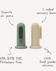 The mushie Finger Toothbrush set includes two silicone brushes (sage green & beige) for gentle baby teeth cleaning. Made of 100% food-grade silicone, they're BPA/BPS/PVC/phthalate-free and feature two-sided sensory bumps—great as teething brushes.