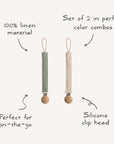 The mushie Linen Pacifier Clip 2-Pack includes one green and one beige clip, each made from 100% linen with a durable silicone clasp—perfect for keeping pacifiers secure on the go.