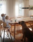 Two young children sit at a wooden dining table, sipping from their Mushie Trainer Sippy Cups with easy-grip handles, while a large brown dog relaxes nearby in a sunny room with big windows and light curtains.
