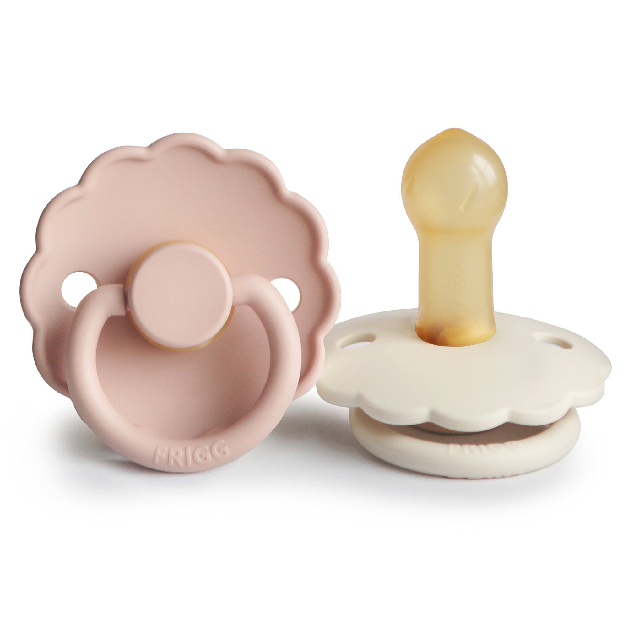 Product Image of two baby pacifiers, one Blush and one Cream, on a white background.
