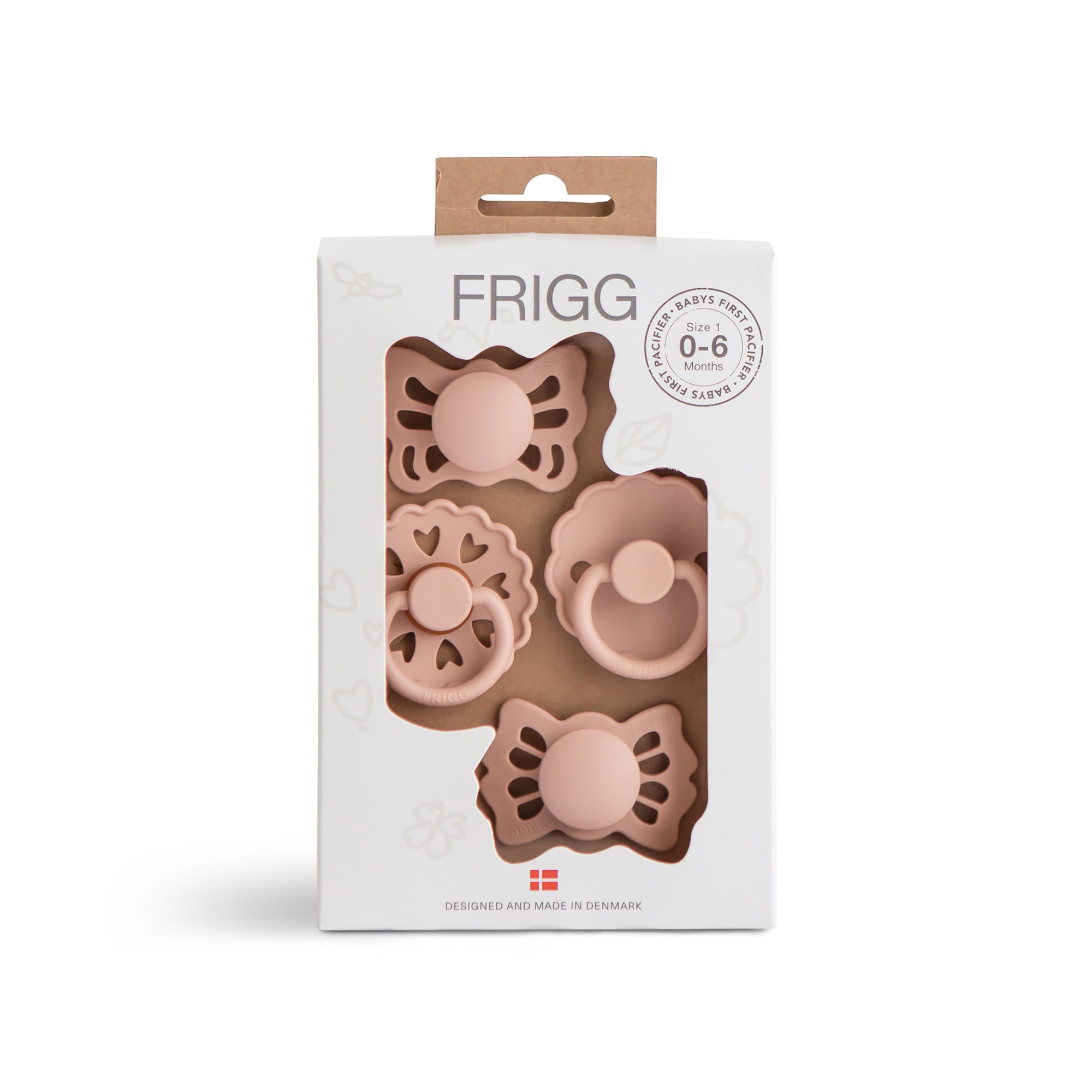 Product image of 4 different blush Frigg pacifiers packaged in the Floral Heart Blush Baby's First Pacifier Set on a white background.