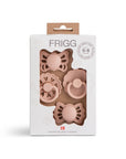 Product image of 4 different blush Frigg pacifiers packaged in the Floral Heart Blush Baby's First Pacifier Set on a white background.