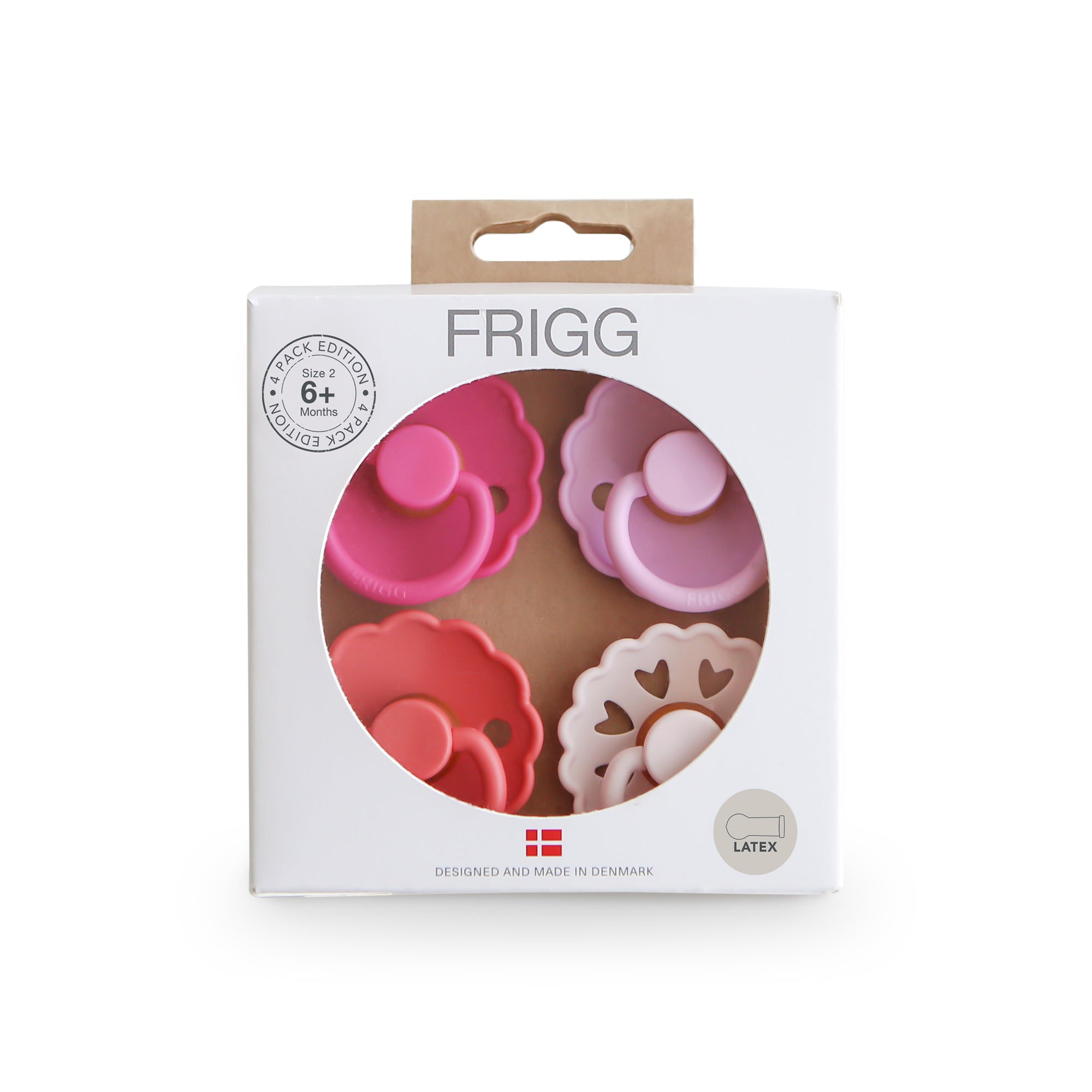 Packaged pink and red Rosy Romance Frigg baby pacifiers on a white background
