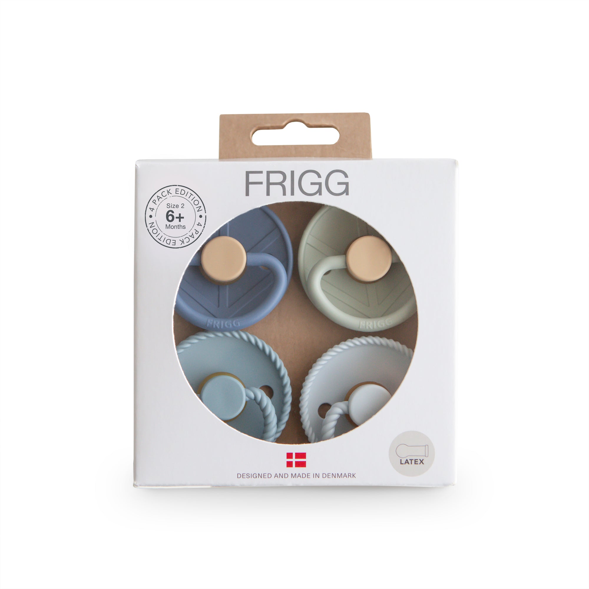 Packaged Skyline Serenity FRIGG baby pacifier set on a white background