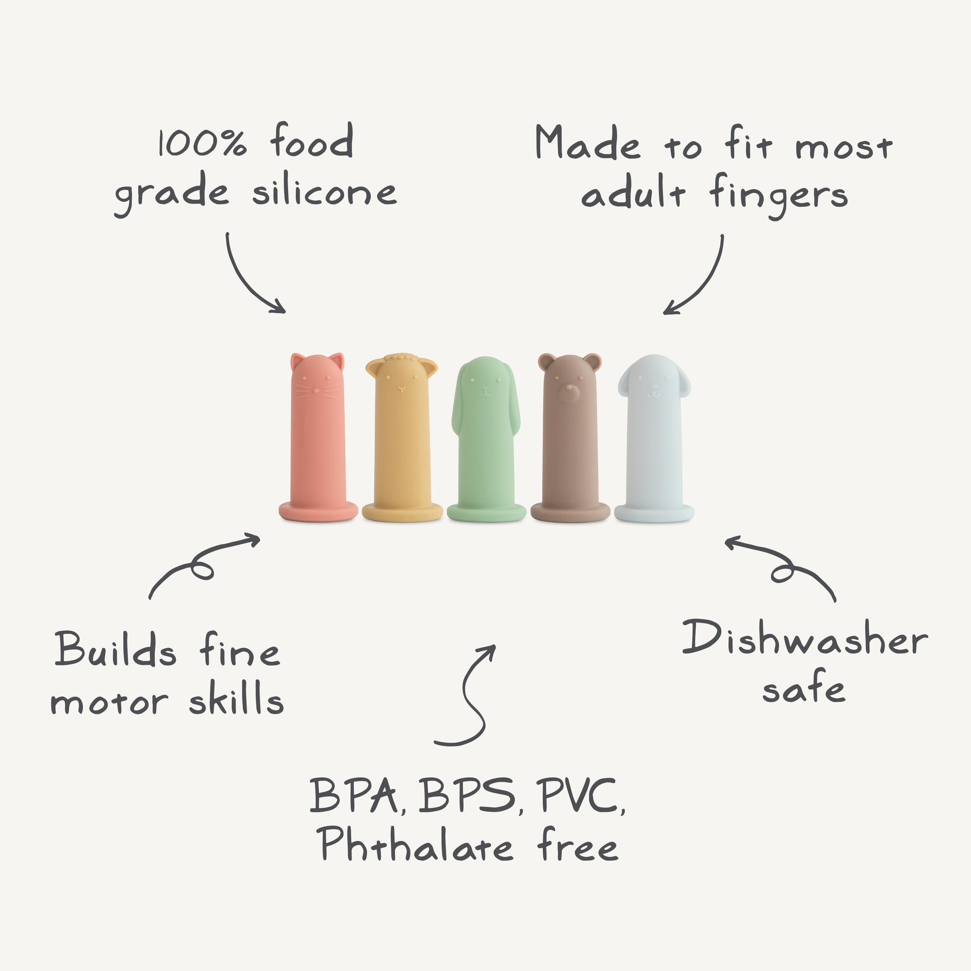 The mushie Silicone Animal Finger Puppets come in five pastel colors with animal faces, are food-grade, BPA-free, dishwasher safe, fit adult fingers, and help develop fine motor skills—perfect as kids’ bath toys.