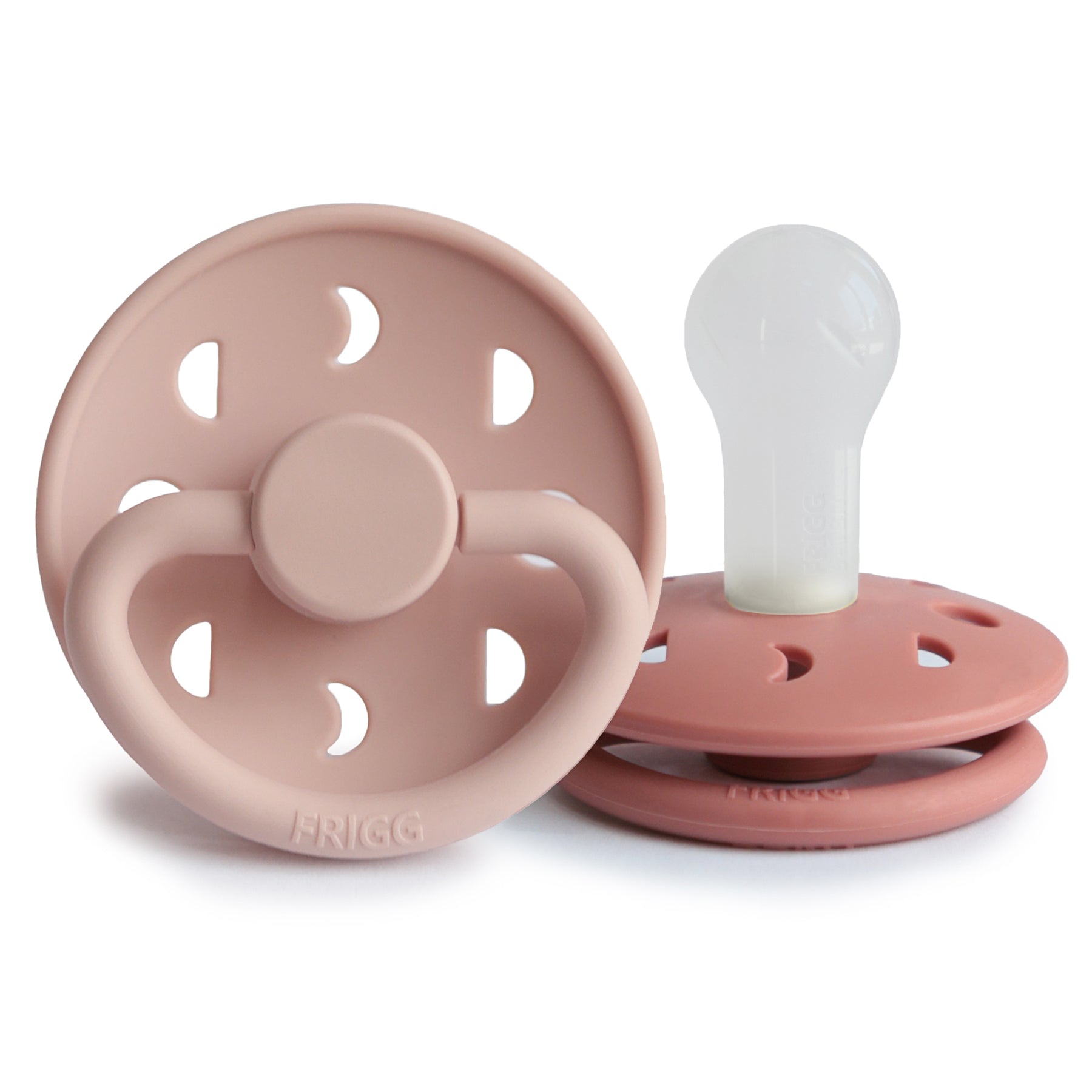 FRIGG Moon Silicone Pacifier 2-Pack in pink with round shields and soft silicone nipples.