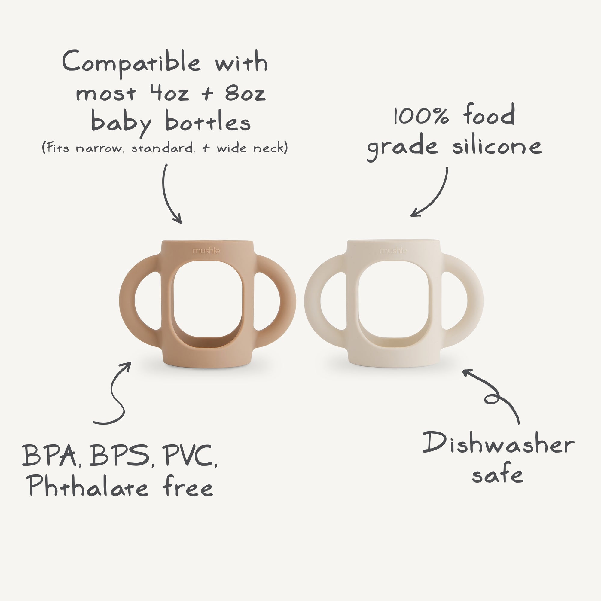 Two mushie Silicone Bottle Handles, one tan and one white, are shown. They are universal handles compatible with 4oz and 8oz bottles, made from food-grade silicone, BPA free, and dishwasher safe.