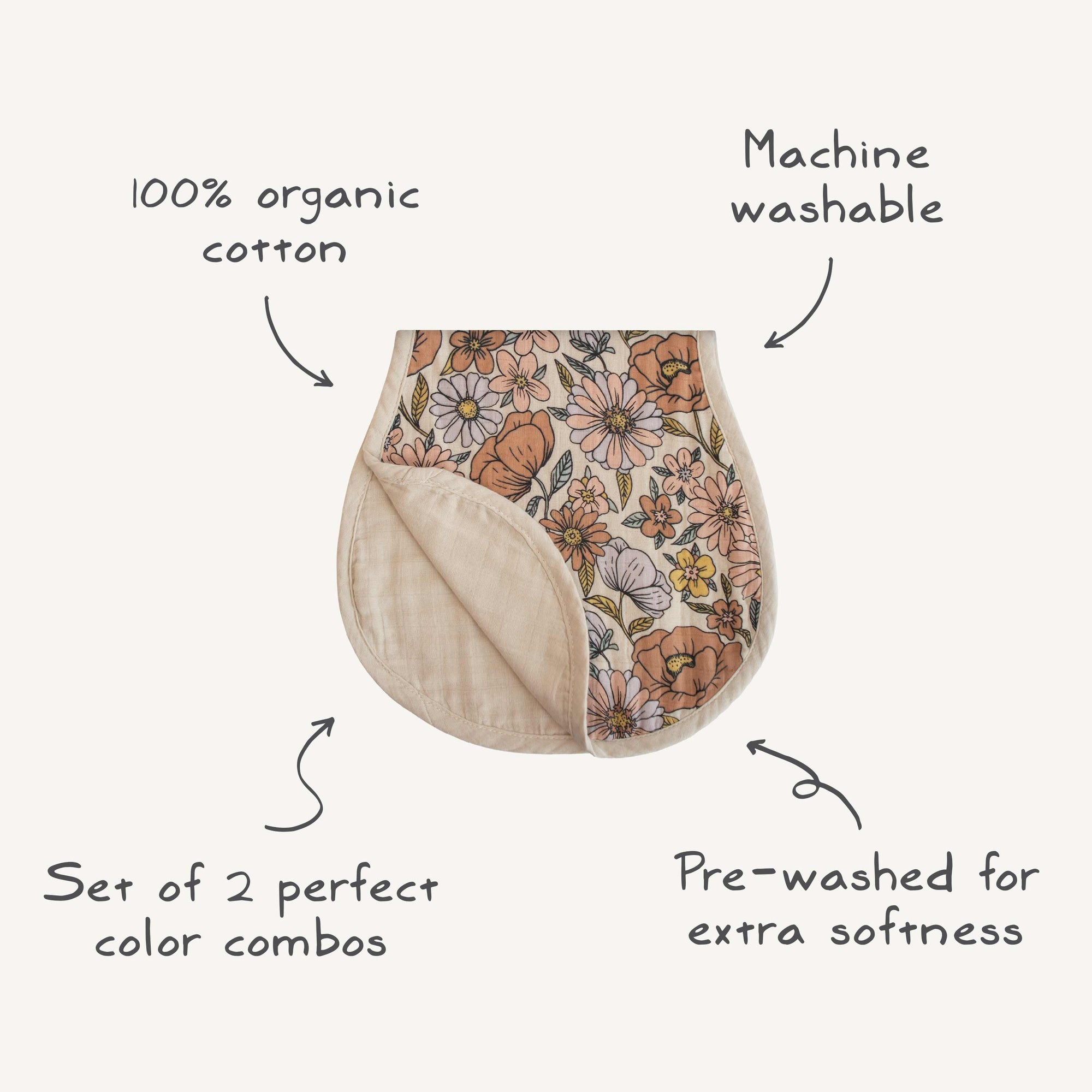 The mushie Organic Cotton Muslin Burp Cloth 2-Pack features a floral design, 100% organic cotton, machine washability, pre-washed softness, and comes in two perfect color combos—the ideal baby burp cloths.