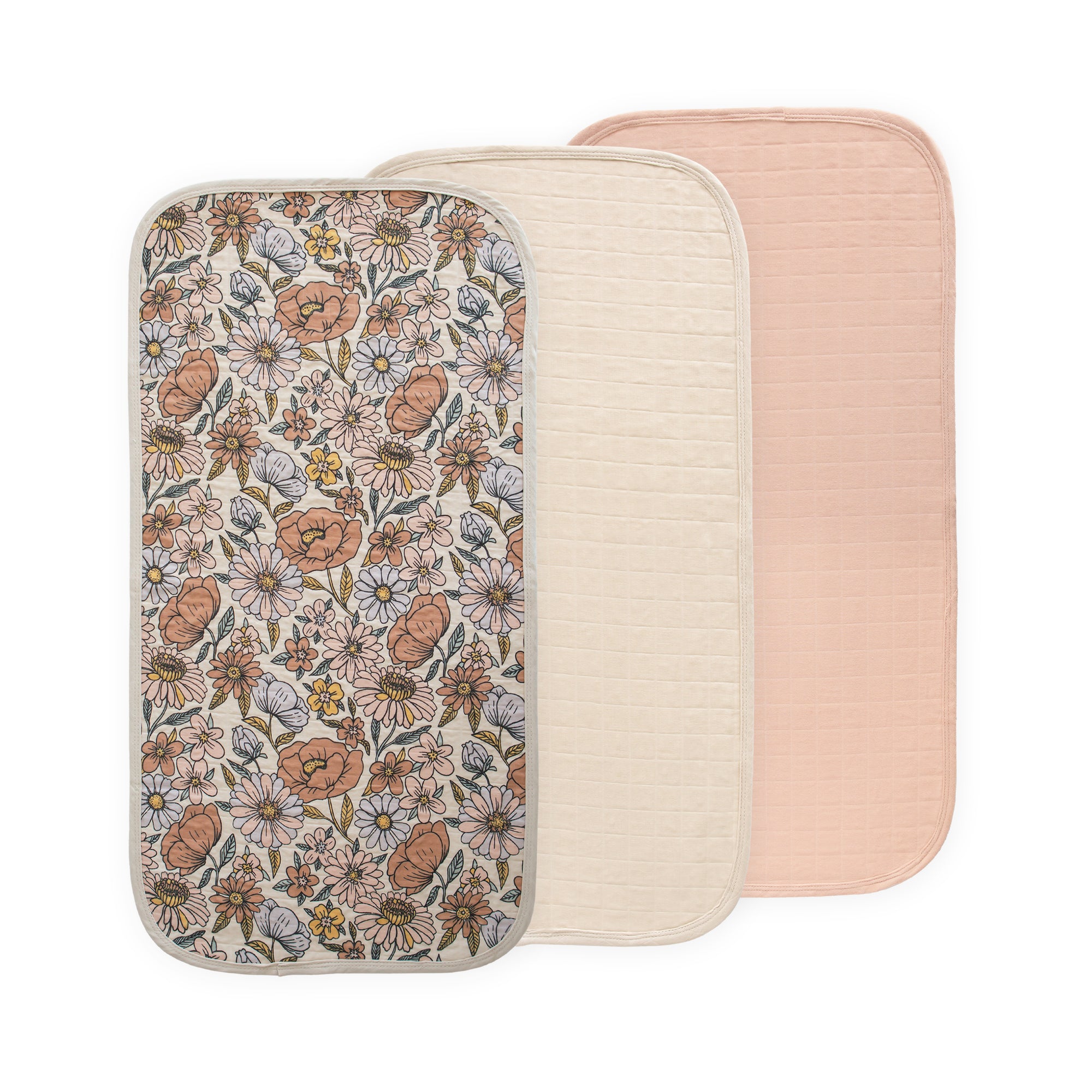 Three Mushie Changing Pad Liners, Retro Flowers Combo, made with soft organic cotton.