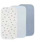 Set of 3 Mushie Changing Pad Liners: one patterned, one light blue, one dark blue.