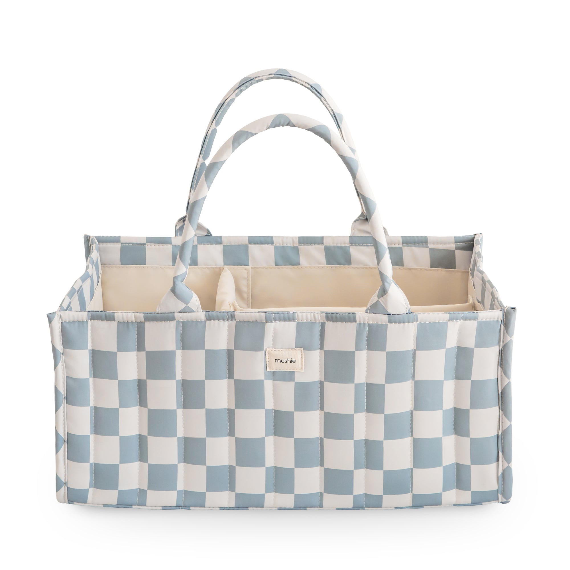 Mushie Diaper Caddy: blue &amp; white checkered tote bag with handles and compartments.