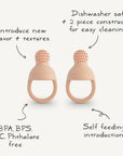 Two Mushie Silicone Fresh Food Feeders in peach are shown. They’re made of food-grade silicone, free from BPA, BPS, PVC & phthalates. Dishwasher safe and easy to clean, they're ideal for introducing flavors and aiding self-feeding.