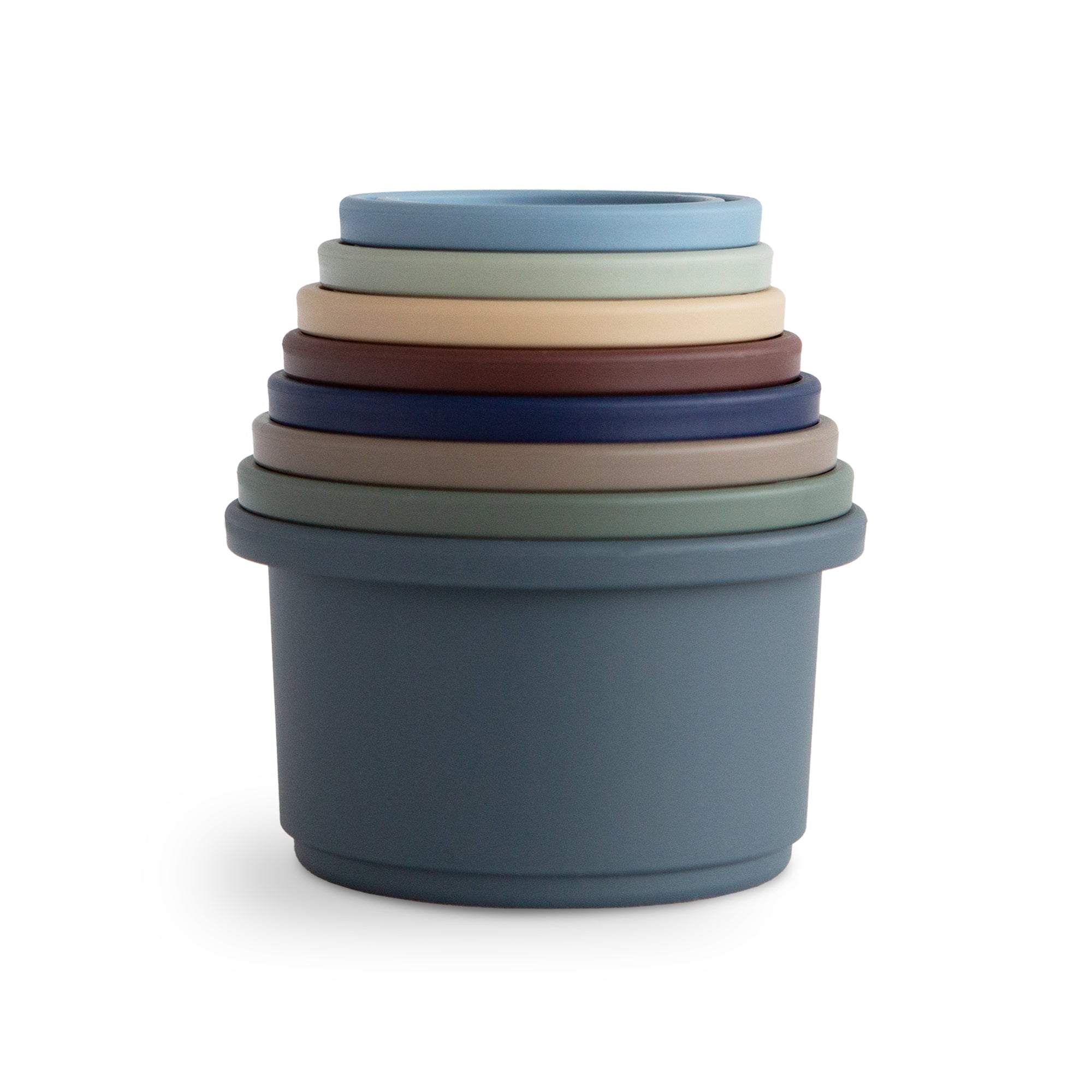 Mushie Stacking Cups Toy in muted colors brings Danish Hygge to your baby’s playtime.