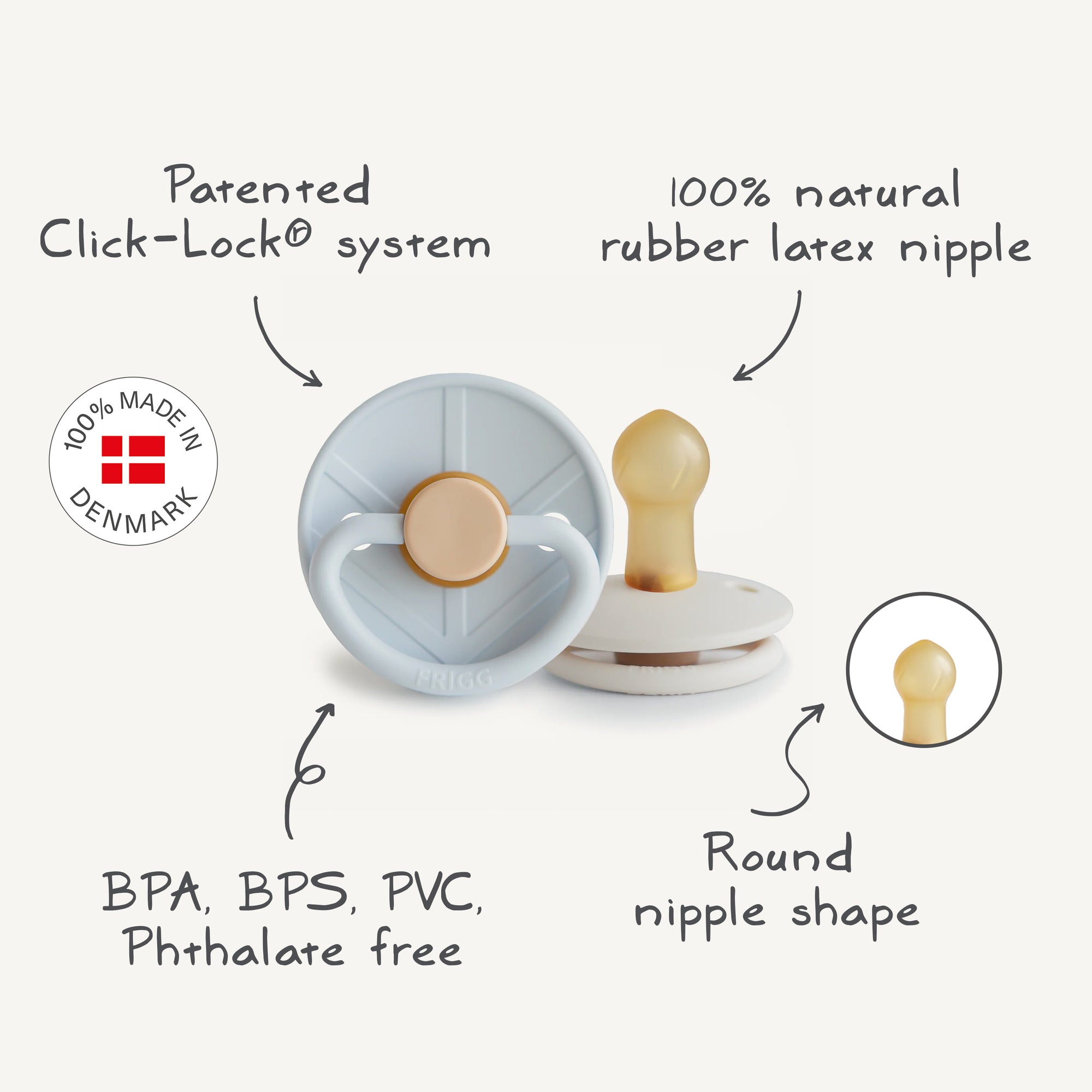 The FRIGG Little Viking Natural Rubber Pacifier 2-Pack by FRIGG is made in Denmark and features a patented Click-Lock system, 100% natural rubber latex round nipple, and is BPA/BPS/PVC/phthalate-free. Two pacifiers are shown: one front-facing, one on its side.