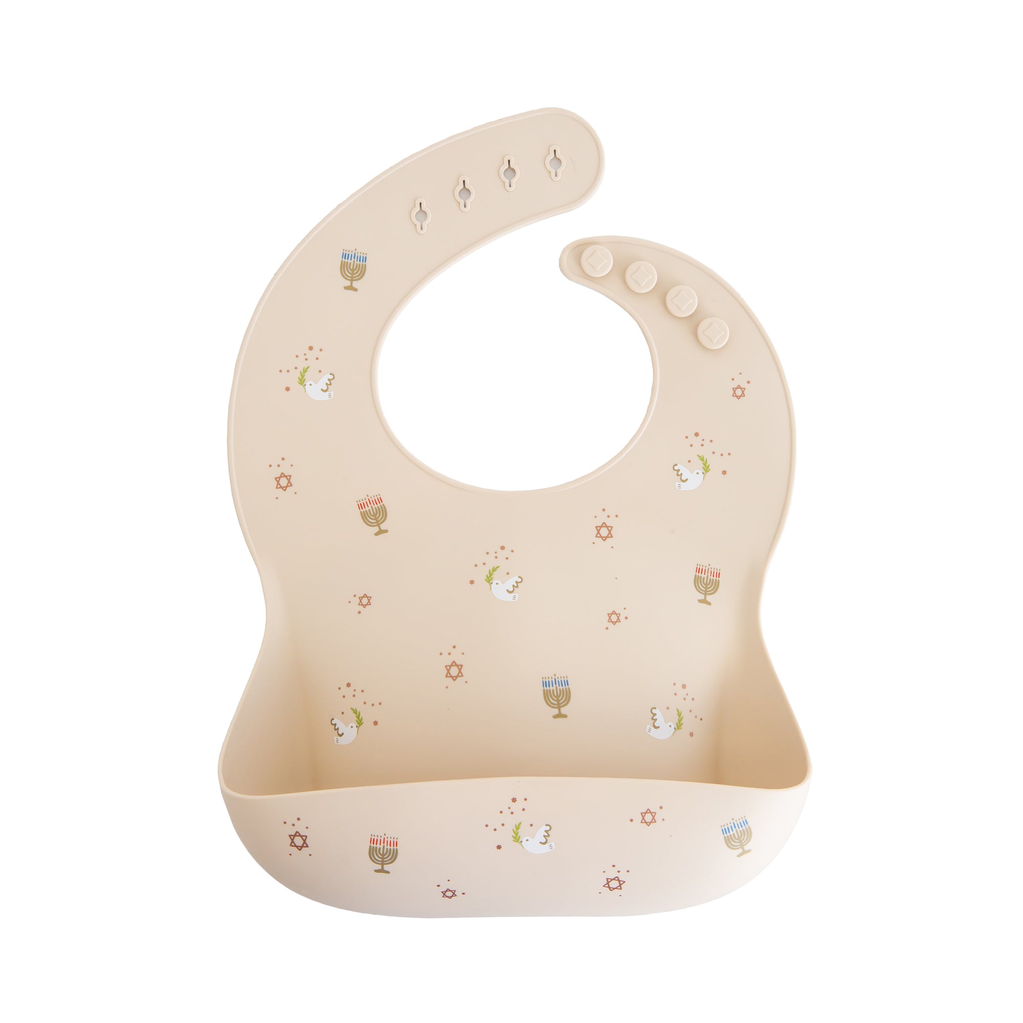 Mushie Silicone Baby Bib—beige with colorful cup and challah design, adjustable neck strap.
