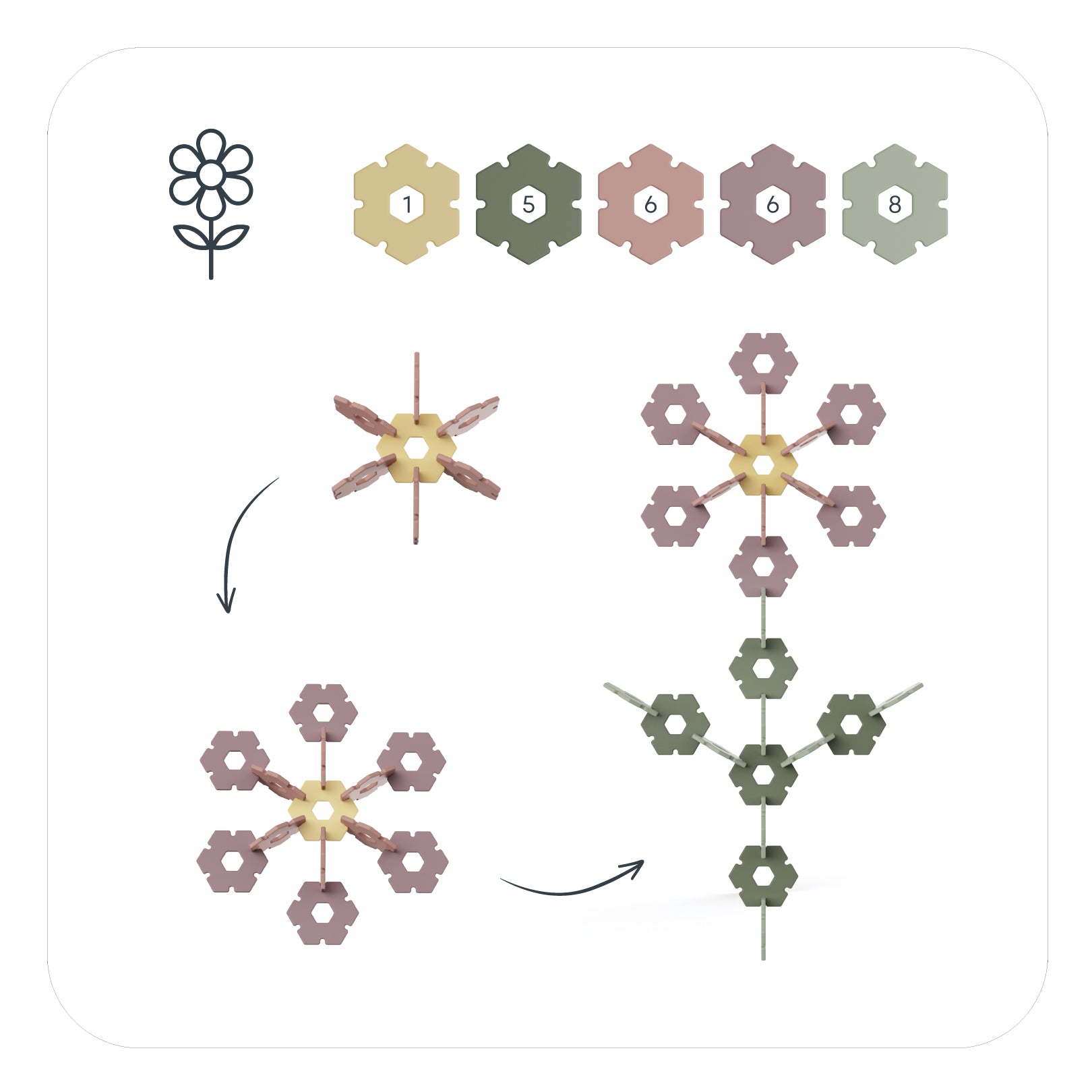 An illustrated step-by-step guide shows how to assemble a flower using hexagonal building pieces in yellow, brown, and green, resulting in a flower-shaped structure with a yellow center and green petals.