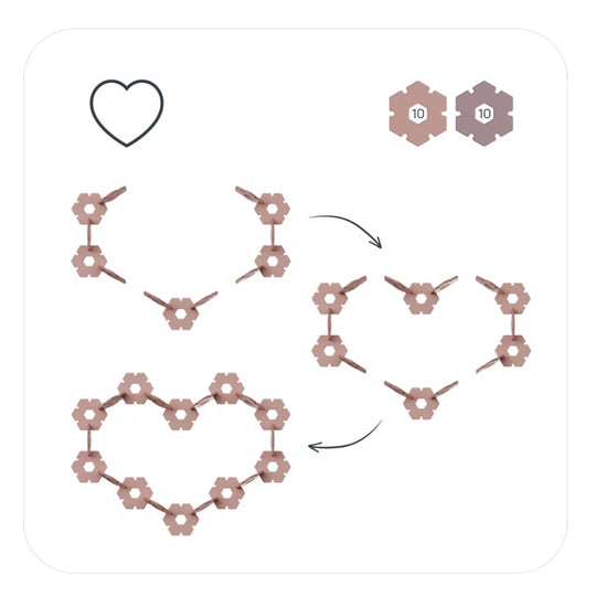 Illustration showing step-by-step instructions for assembling a heart shape using 10 interlocking pieces. Arrows indicate the order and arrangement of the pieces to form the final heart shape.