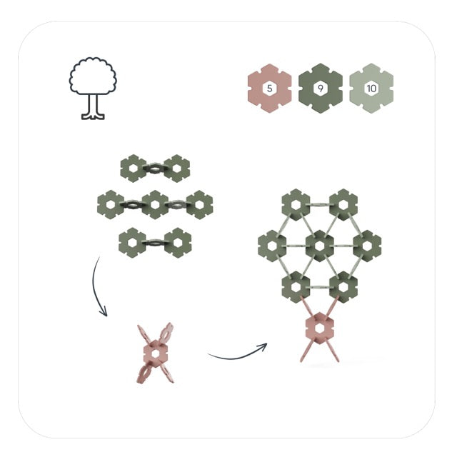 Diagram showing step-by-step assembly instructions for building a tree model using interlocking hexagonal pieces, with numbered pieces shown at the top right and arrows indicating the construction process.
