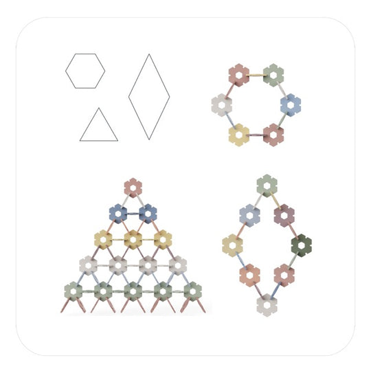 A diagram shows geometric shapes—a hexagon, diamond, and two triangles—followed by three structures made of colorful interlocking pieces arranged in a ring, pyramid, and an oval shape.