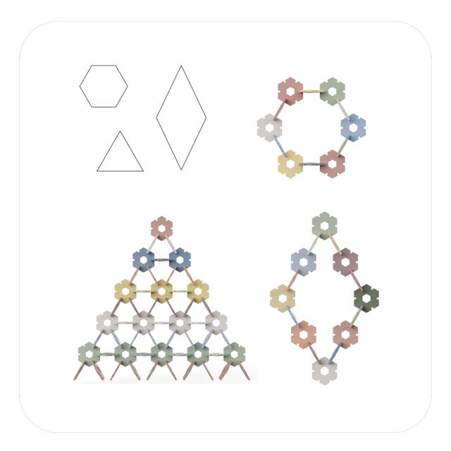 A diagram shows geometric shapes—a hexagon, diamond, and two triangles—followed by three structures made of colorful interlocking pieces arranged in a ring, pyramid, and an oval shape.