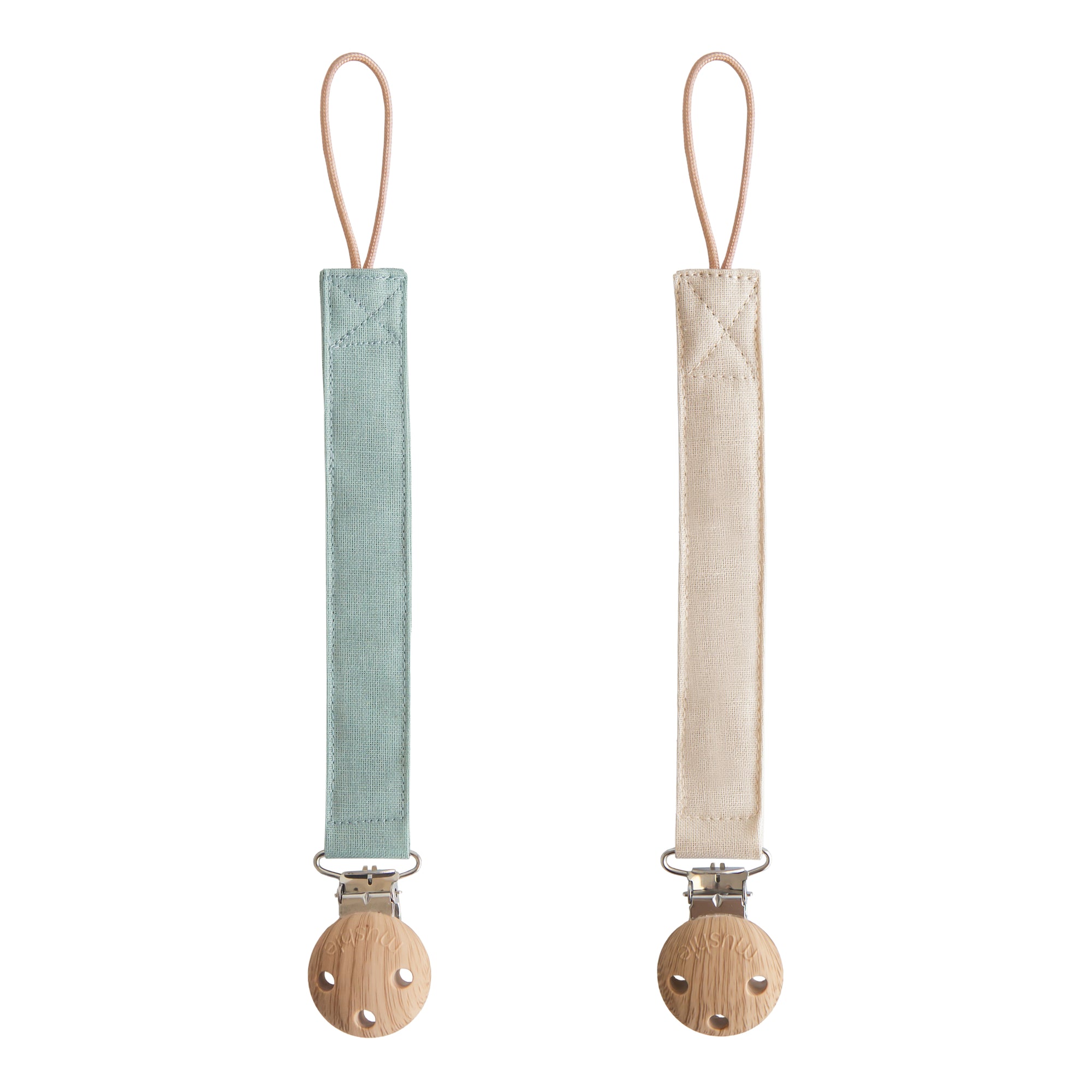 Mushie Linen Pacifier Clip 2-Pack in light blue and beige with wooden clasps, side by side.