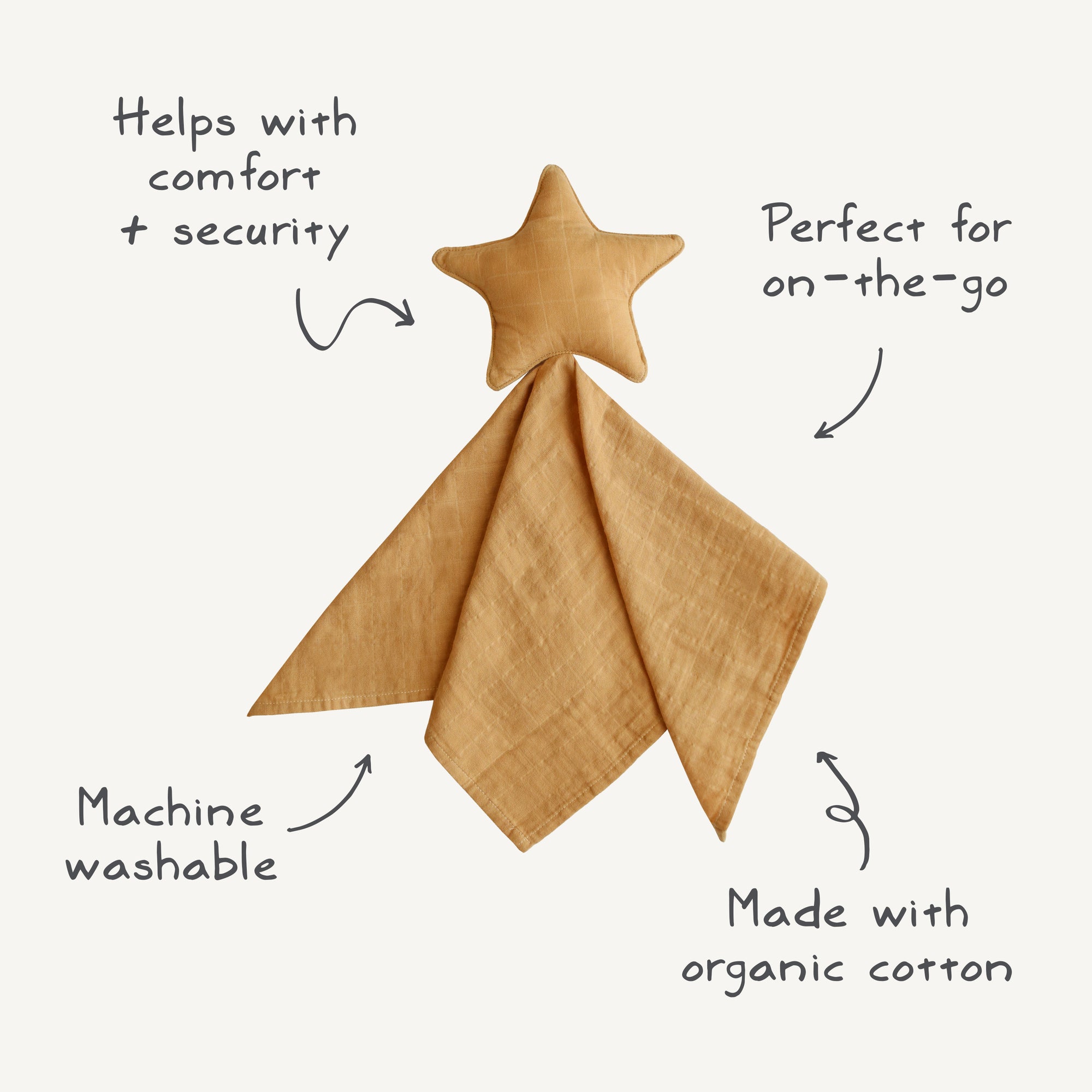 The mushie Star Lovey Blanket is a tan, star-shaped blanket with an attached cloth. Made with organic cotton, it’s machine washable, perfect for on-the-go use, and provides comfort and security for your little one.
