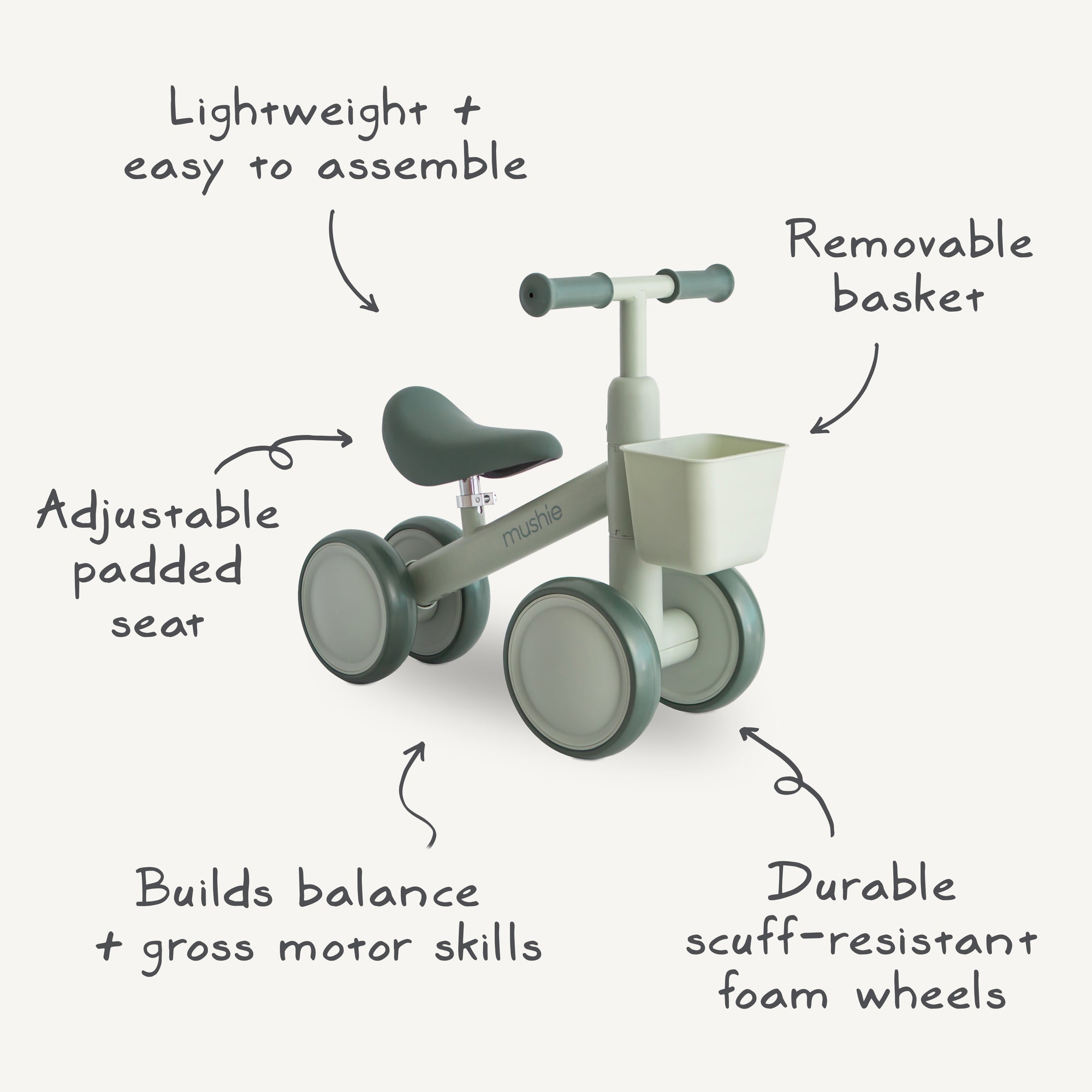 Mushie Mini Toddler Bike in green and white with labeled features and a removable basket.