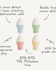 The mushie Mix and Match Ice Cream Toy features four pastel silicone cones with white swirled tops, perfect for imaginative play, fine motor skills, and is BPA-free, food-grade, and dishwasher-safe.