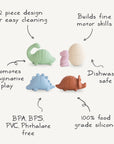 The mushie Dino Mold Free Bath Play Set includes four pastel, mold-free silicone dinos and an egg. Made from 100% food grade silicone, each BPA/BPS/PVC/phthalate-free toy features a 2-piece design for easy cleaning and imaginative play.