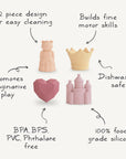 The mushie Princess Mold Free Bath Play Set includes four BPA-free silicone toys—a bear, crown, heart, and castle—with a two-piece design that prevents mold, encourages imaginative play, and is dishwasher safe.