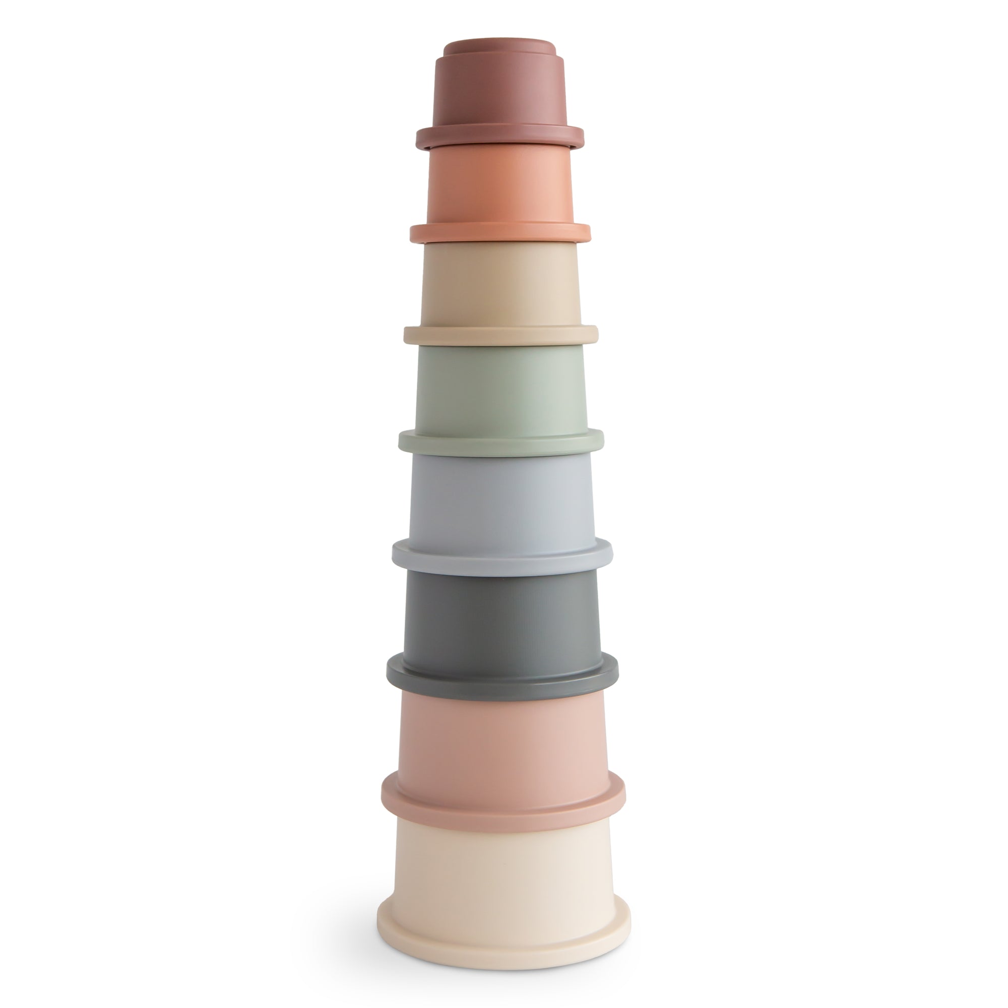 Mushie Stacking Cups Toy: eight colorful, nested cups inspired by Danish Hygge style.