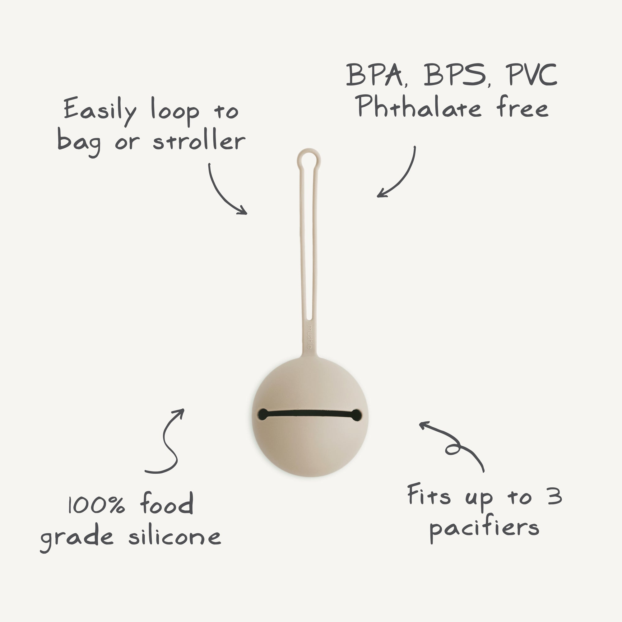 The mushie Silicone Pacifier Case holds up to 3 pacifiers, easily attaches to your bag or stroller, and is made from 100% food grade silicone. BPA, BPS, PVC, and phthalate free—a perfect on-the-go accessory for pacifiers.