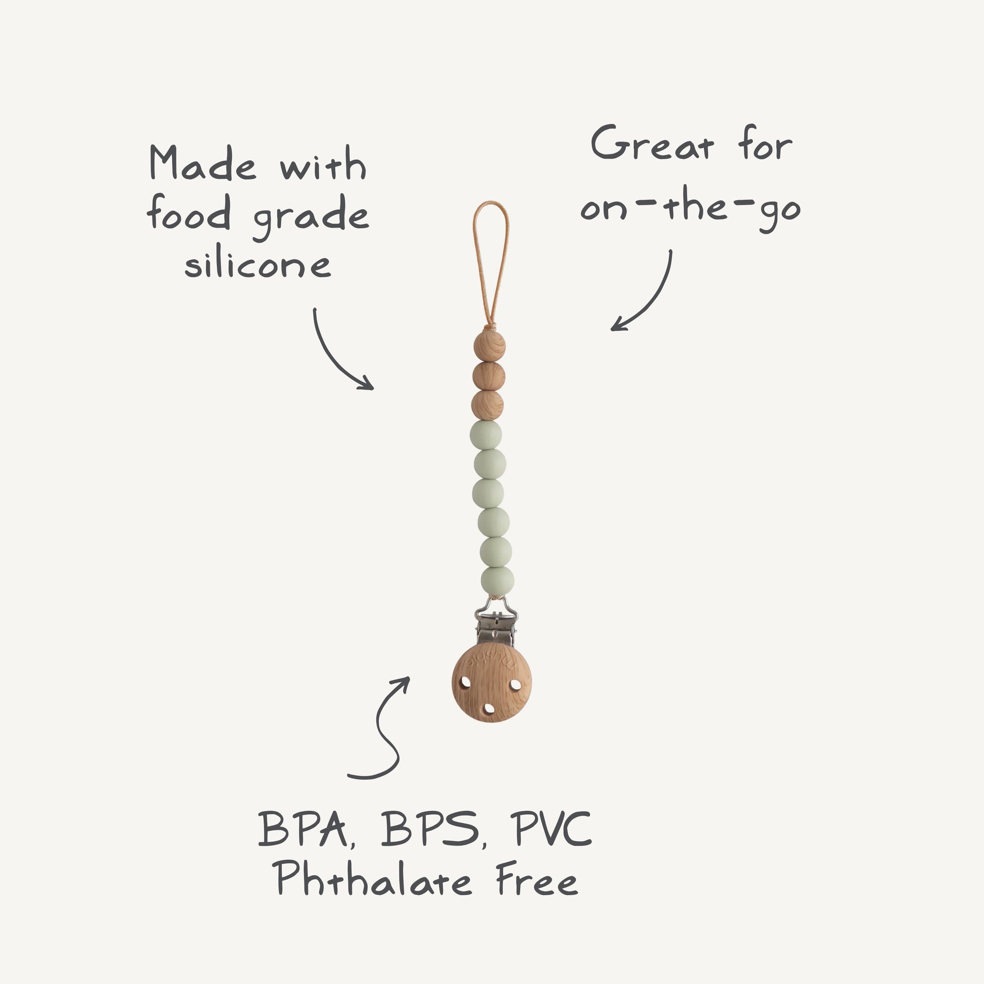 The mushie Silicone Pacifier Clip | Eva features wooden and food-grade silicone beads. Great for on-the-go, it's BPA, BPS, PVC &amp; Phthalate free—the perfect pacifier accessory for your little one.