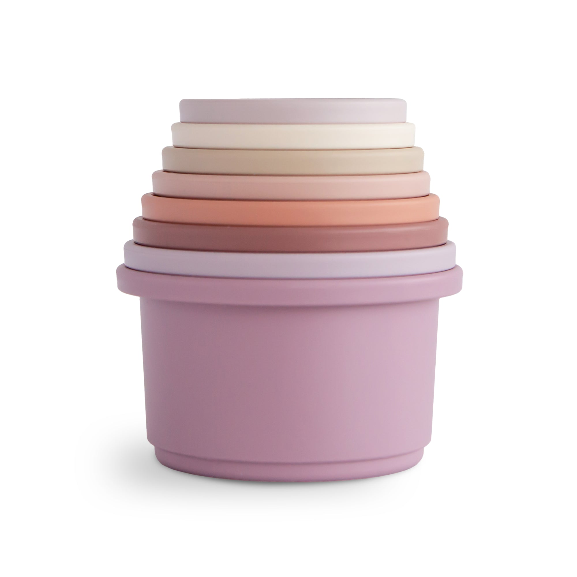 Mushie Stacking Cups Toy: 7 pastel cups for stacking, largest cup at the base.