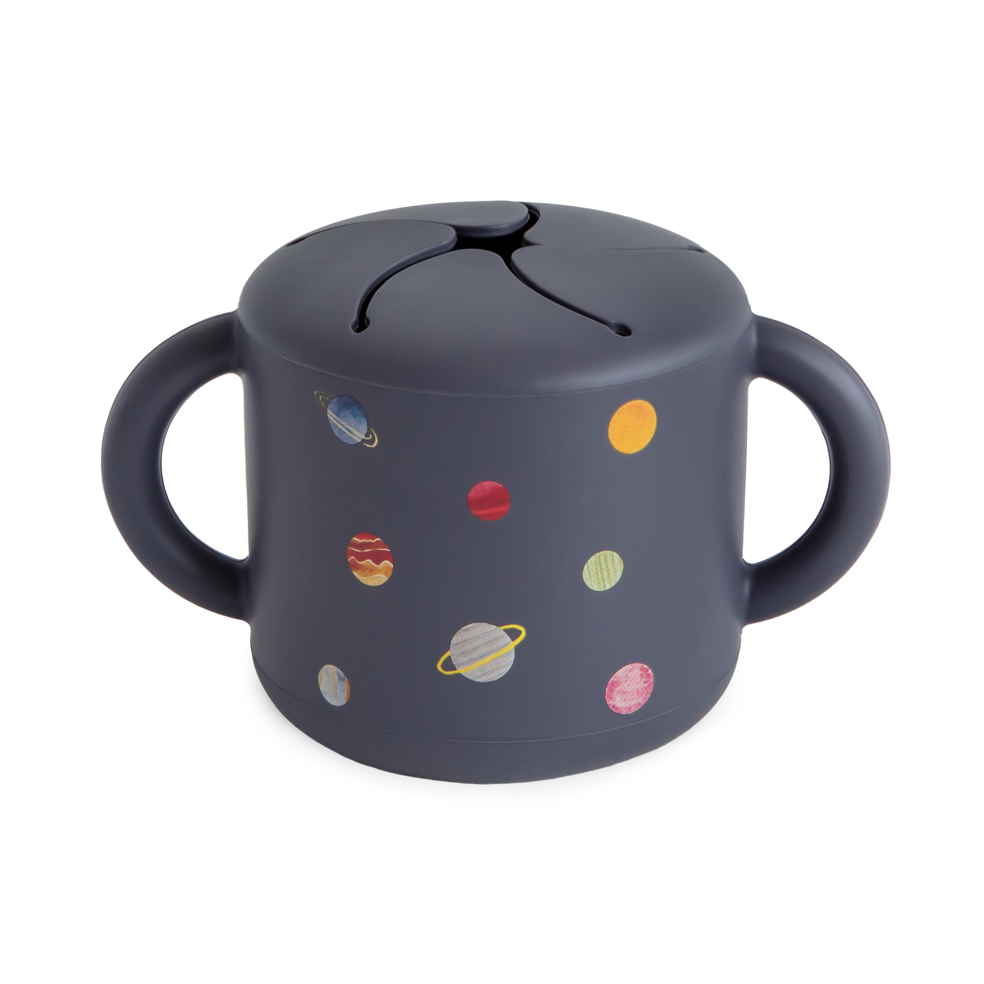 Mushie Snack Cup: spill-proof silicone, two handles, planet design—perfect for toddlers.